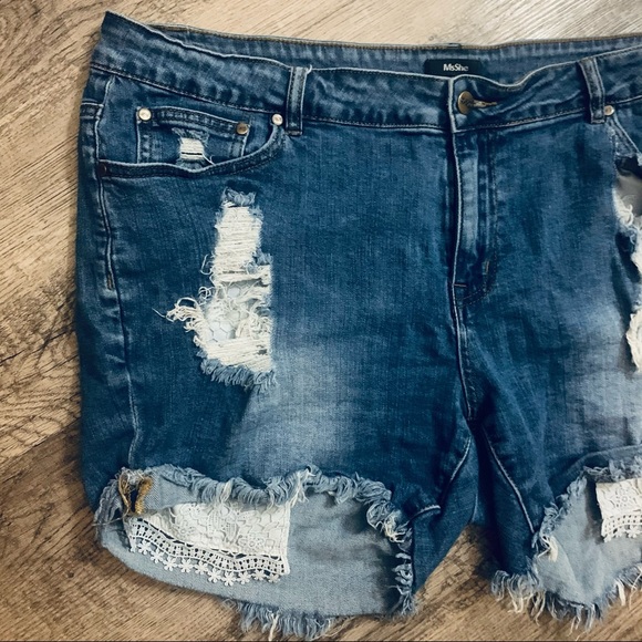 Destroyed Stretch Denim Shorts Exposed Pockets 20W - Picture 3 of 4